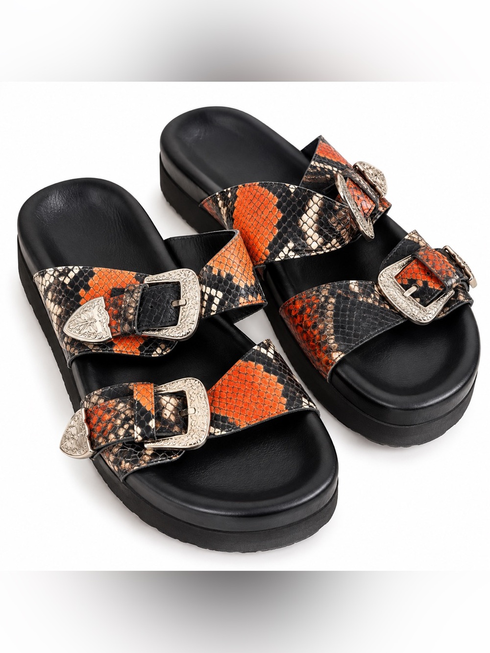 The Kooples Leather Snakeskin Platform Sandals EU 40 Western Buckle Slides